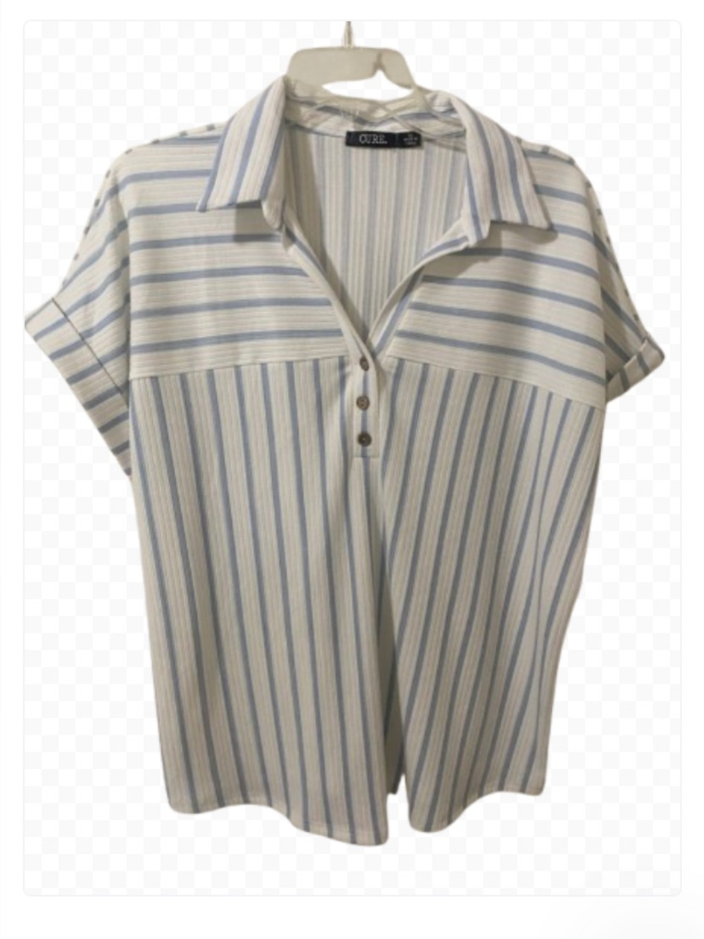 CURE. Striped Short Sleeve Collared Top in Light Blue and White